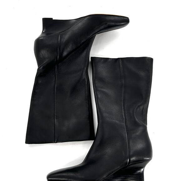 Vince Beverly Leather Wedge Boots 6 Black NWOT Mid Calf Booties Academia Career - Picture 5 of 12